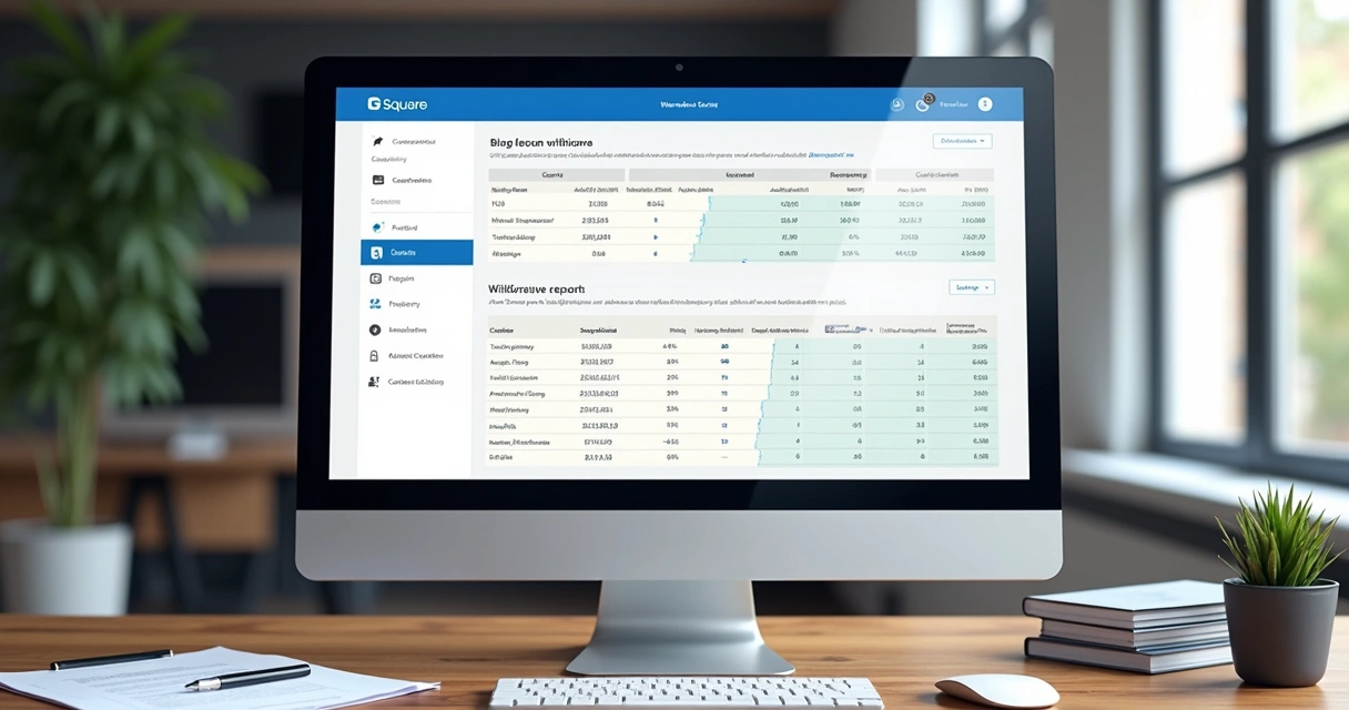 Relatório de taxas e saques do Square App em tela de computador 