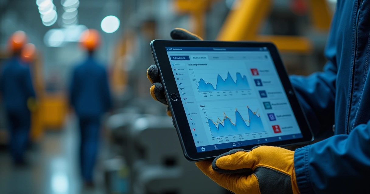 Técnico industrial analisando relatório digital de manutenção em tablet, com fundo de fábrica ao fundo 
