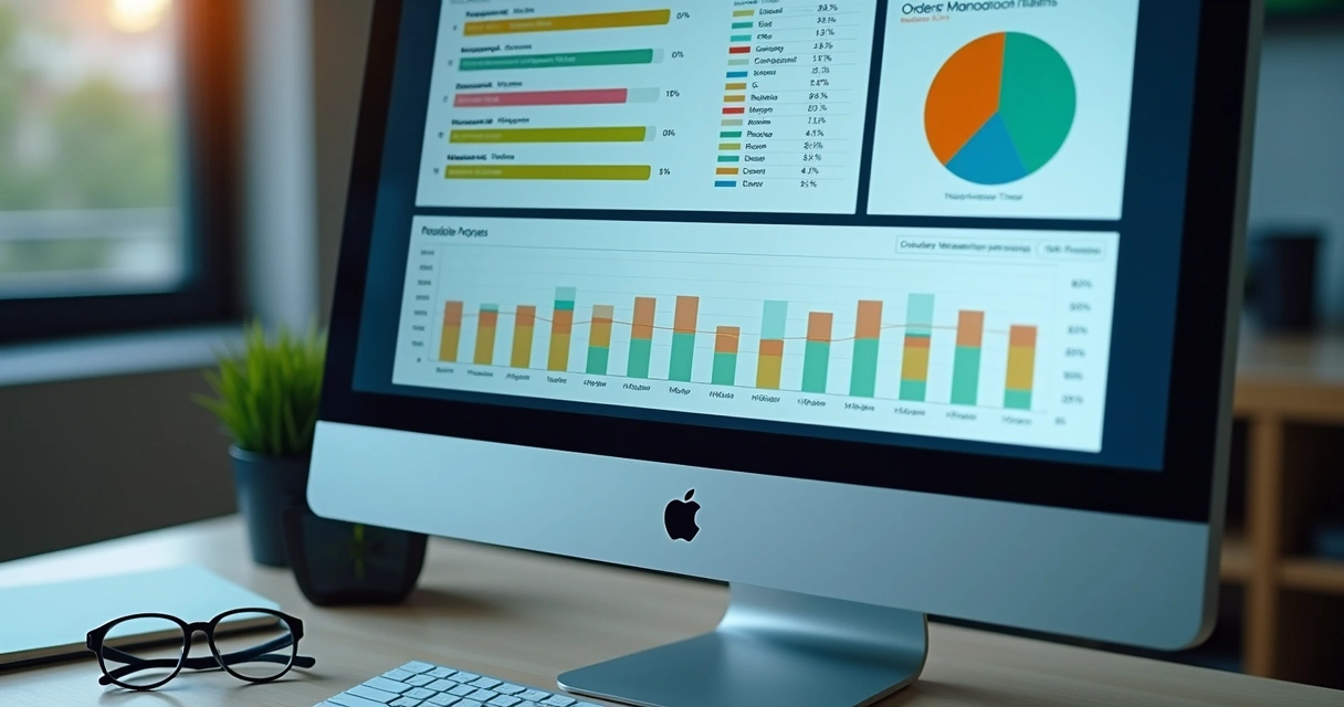Tela de relatório de ordens de serviço com gráficos coloridos em notebook 