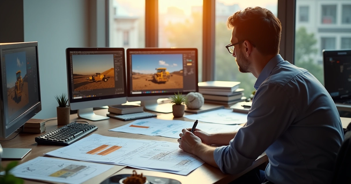 Profissional elaborando relatório técnico de sondagem em escritório de engenharia. 
