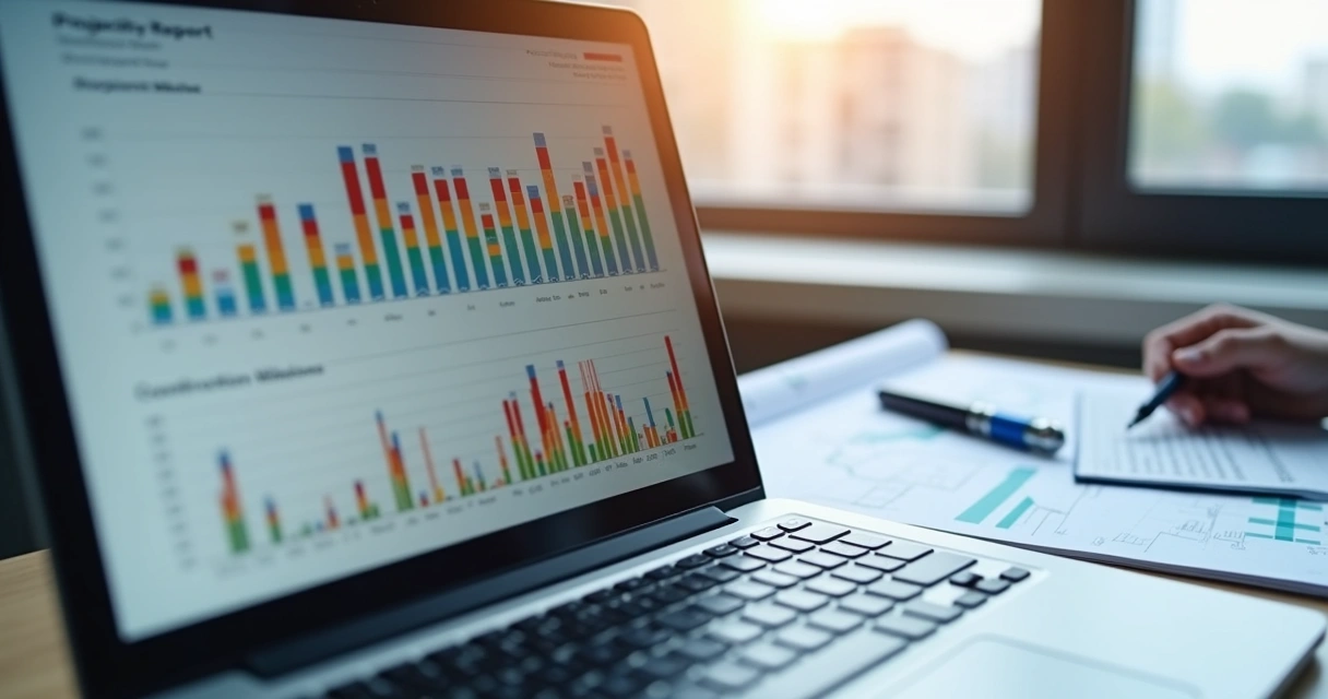 Relatório digital de obra com gráficos e indicadores visíveis na tela de notebook