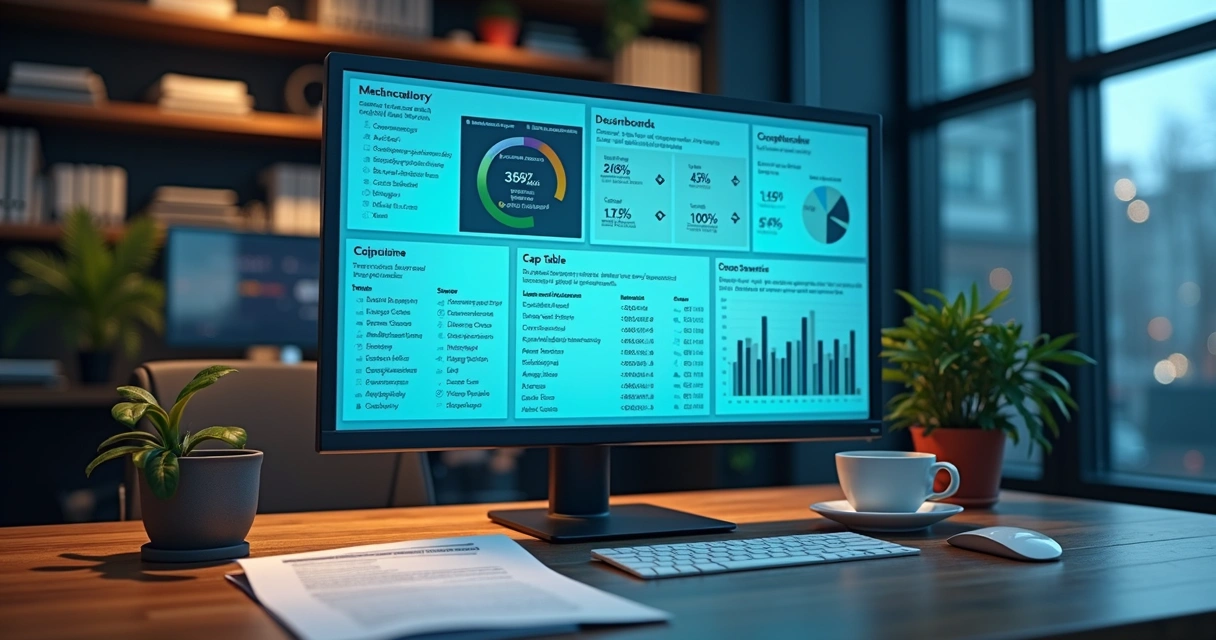 Planilha e dashboard de dados jurídicos e financeiros exibidos em tela de computador em escritório corporativo 
