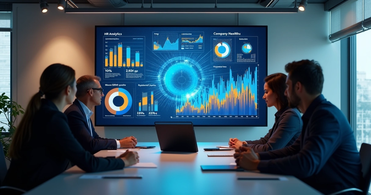 Relatório tecnológico projetado em tela durante reunião de RH 