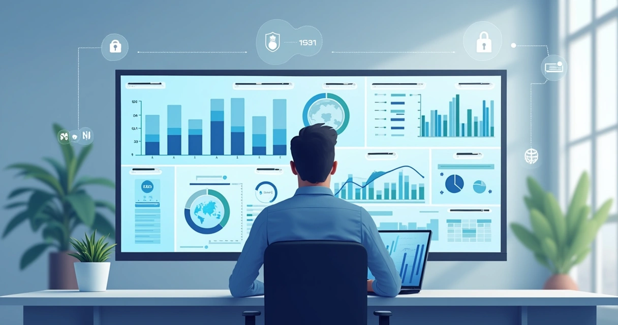 Gestor observando painel de indicadores de TI em tela ampla