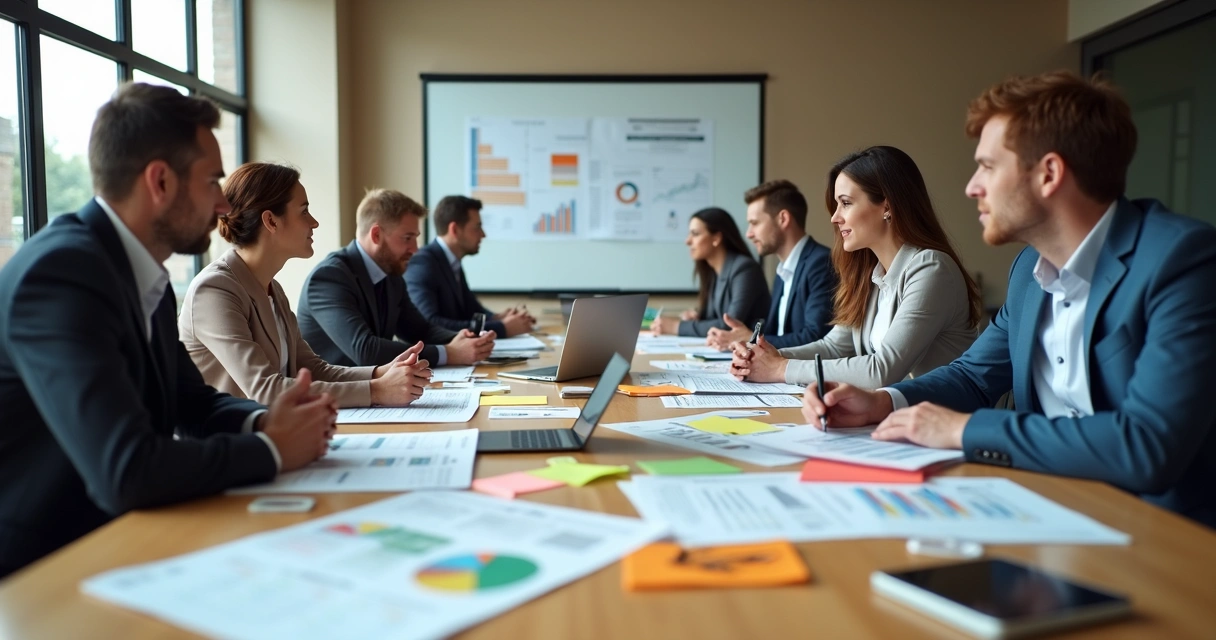 Equipe comercial revisando relatórios de vendas em mesa de reunião 