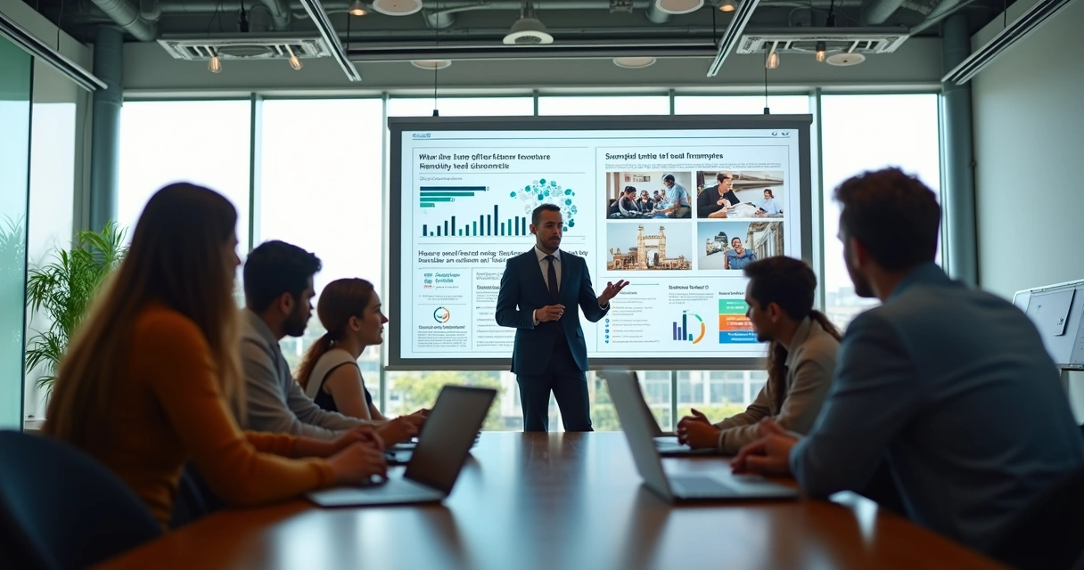 Pessoa apresentando relatório de impacto humano e social a um grupo em escritório moderno