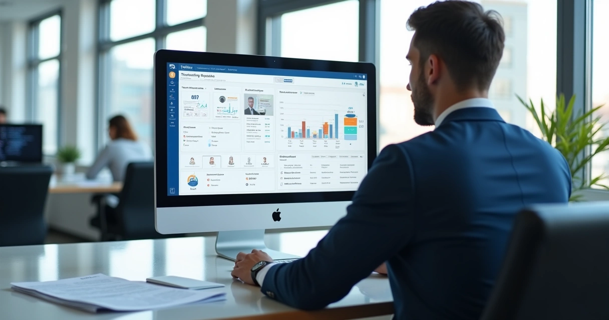 Gestor analisando relatório de treinamento corporativo em dashboard 