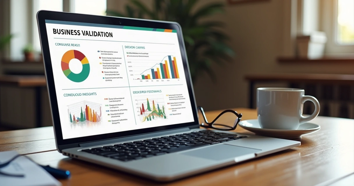 Relatório de validação de negócios em tela de notebook, com gráficos e análises 
