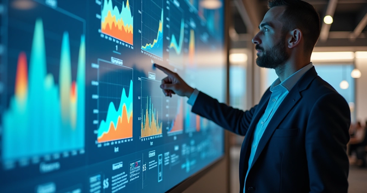 Homem apontando para gráficos em tela grande, mostrando dados de aceitação de produto 