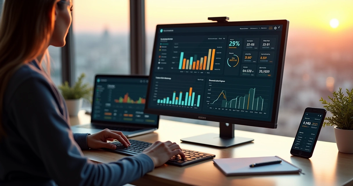 Corretor digital analisando relatórios de vendas e métricas em vários dispositivos 