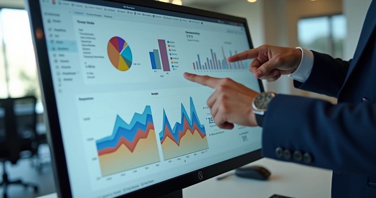 Relatório de vendas visualizado em tela com gráficos coloridos e análises de desempenho