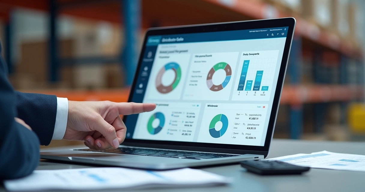 Painel de vendas de distribuidora em notebook com gráficos 