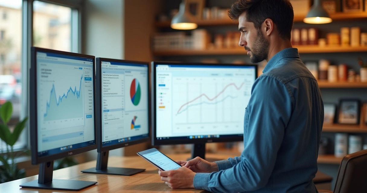 Gestor analisando relatório de vendas em loja de comércio local 