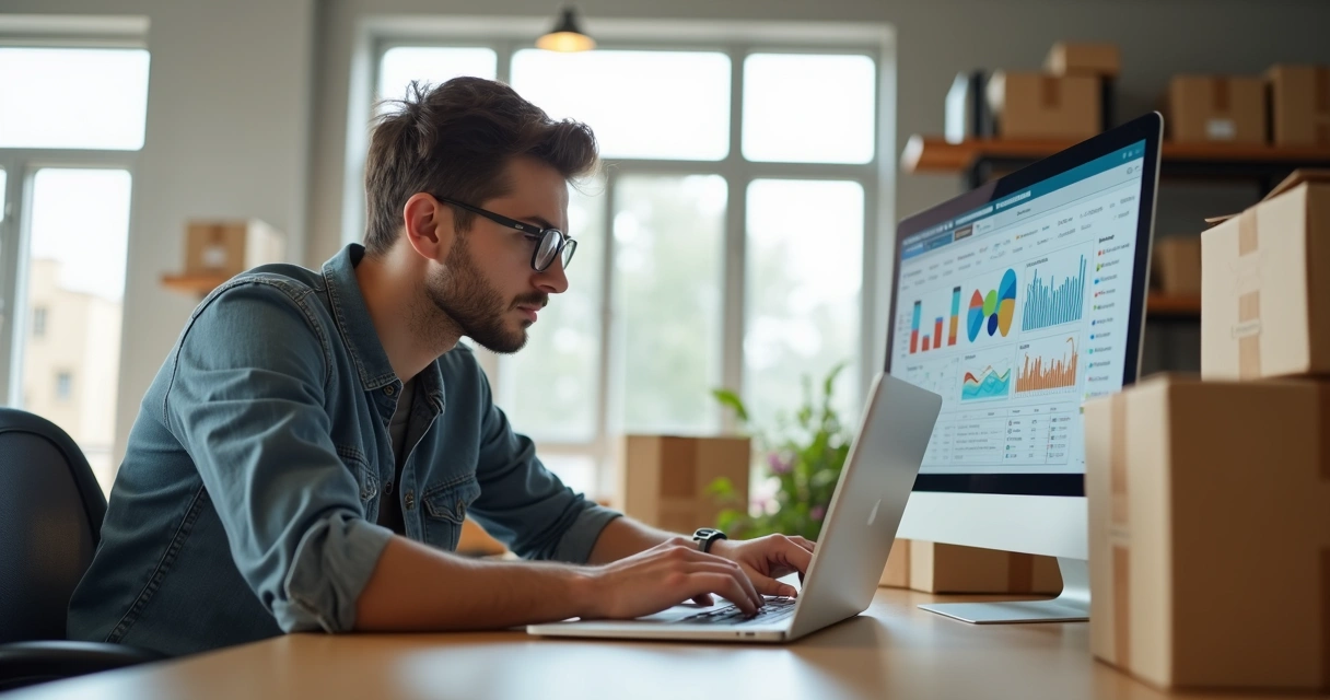 Pequeno empreendedor analisando dados de vendas em loja virtual 