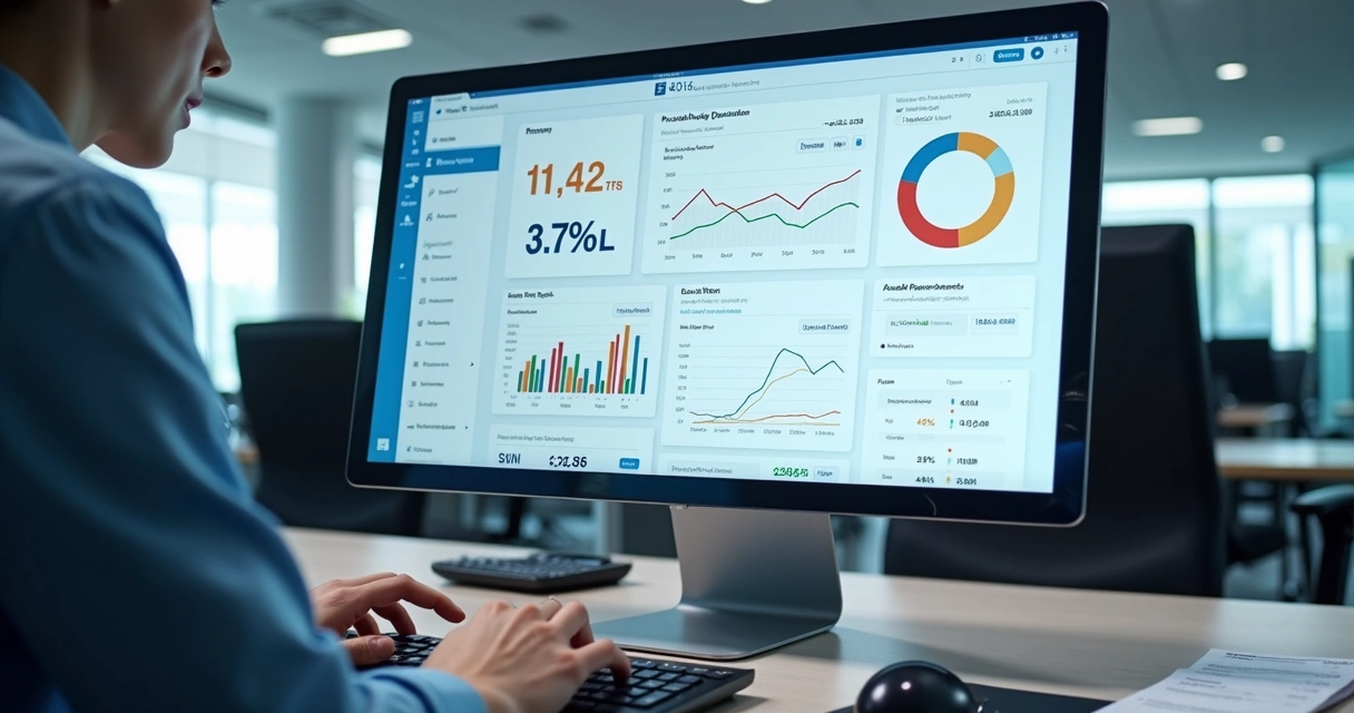 Painel com relatórios de vendas e estoque em monitor 