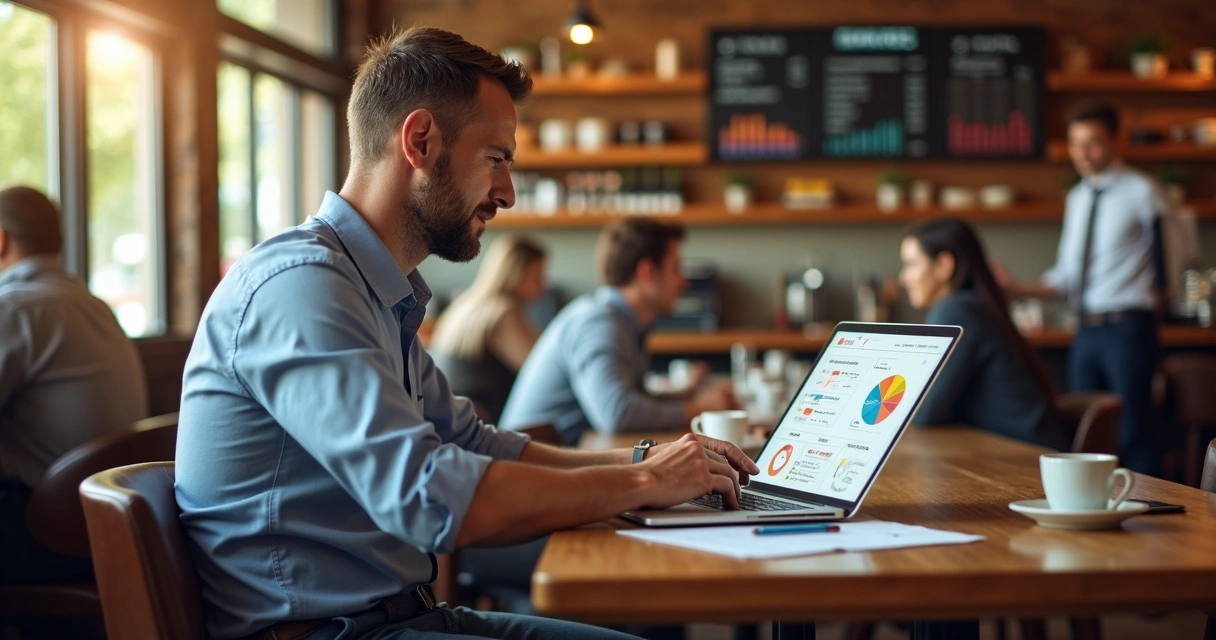 Empresário analisando relatórios de vendas em mesa de restaurante