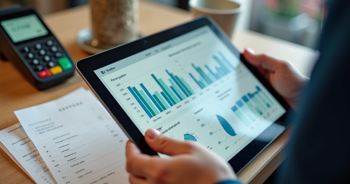 Tablet com gráfico de vendas sobre balcão comercial 