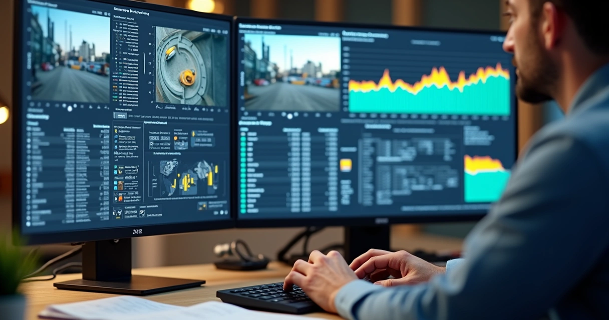 Tela de computador exibindo relatórios e vídeos de monitoramento de obra 