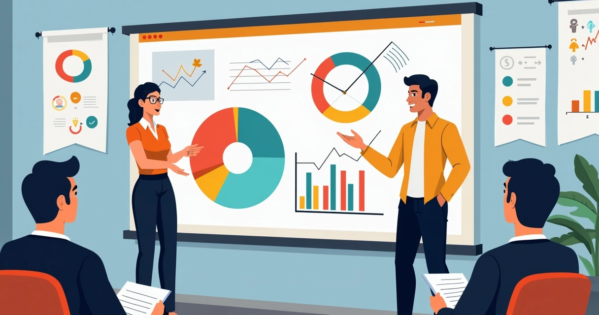 Gestor sindical apresentando relatório visual em painel digital, gráficos e dados à frente de trabalhadores atentos 