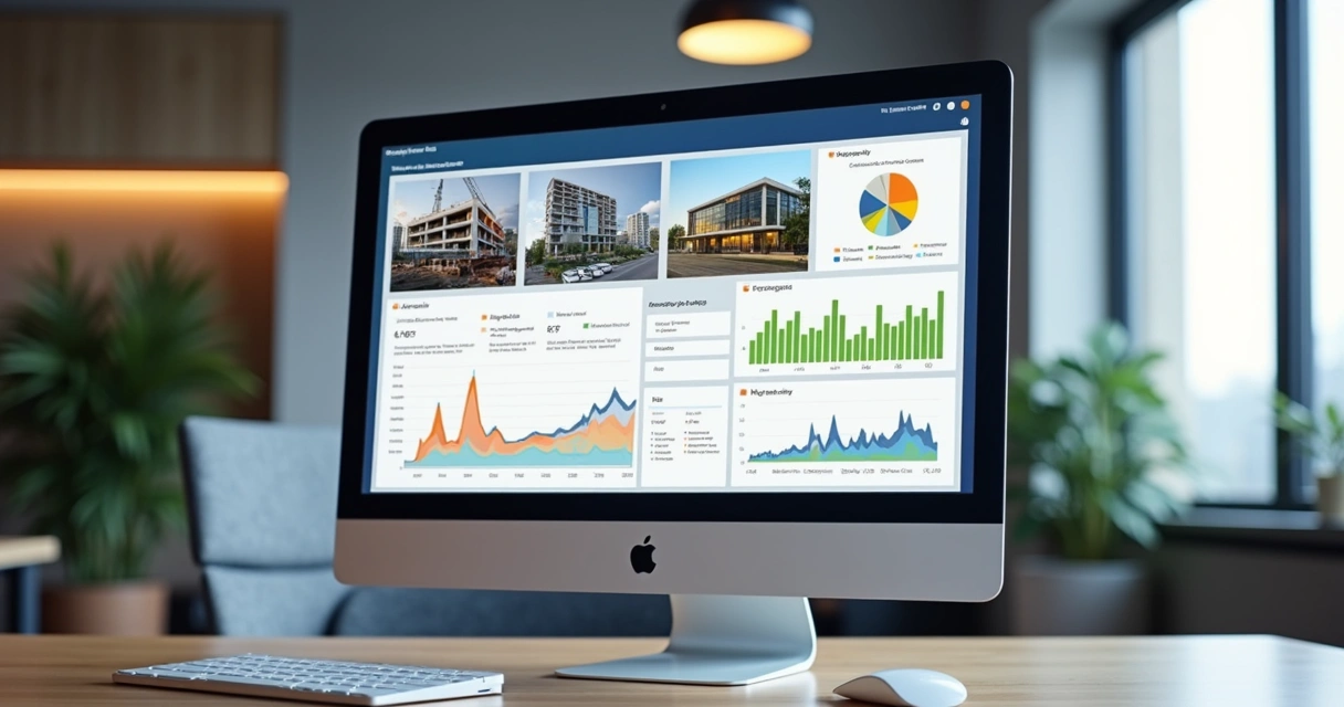 Dashboard de relatório visual de obra com gráficos, fotos e indicadores 
