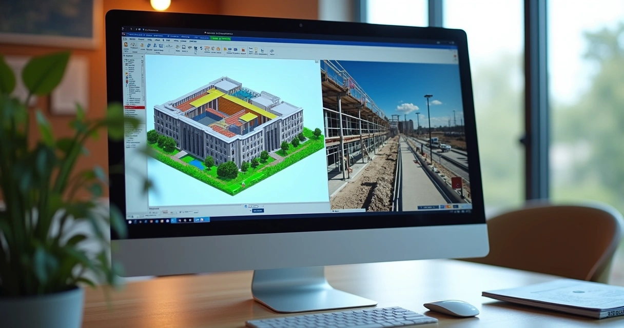 Relatório visual de obra com dados BIM exibidos em tela de computador 