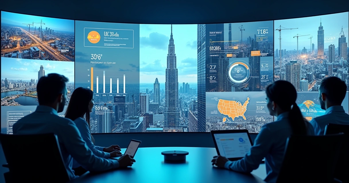 Dashboard digital apresentando relatórios visuais e imagens de uma obra vertical a partir de vários ângulos em monitores 