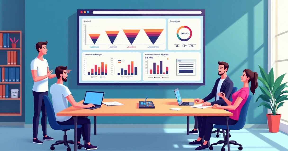 Dashboard com relatório visual de performance de landing pages em tela grande 