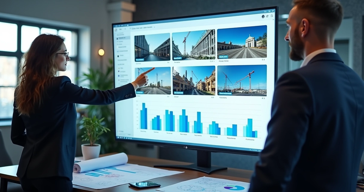 Relatório visual de obra mostrando fotos e vídeos time-lapse 