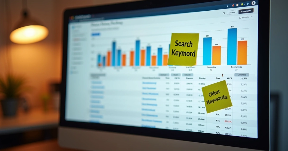 Relatório de análise de volume de busca de palavras-chave em tela de computador. 