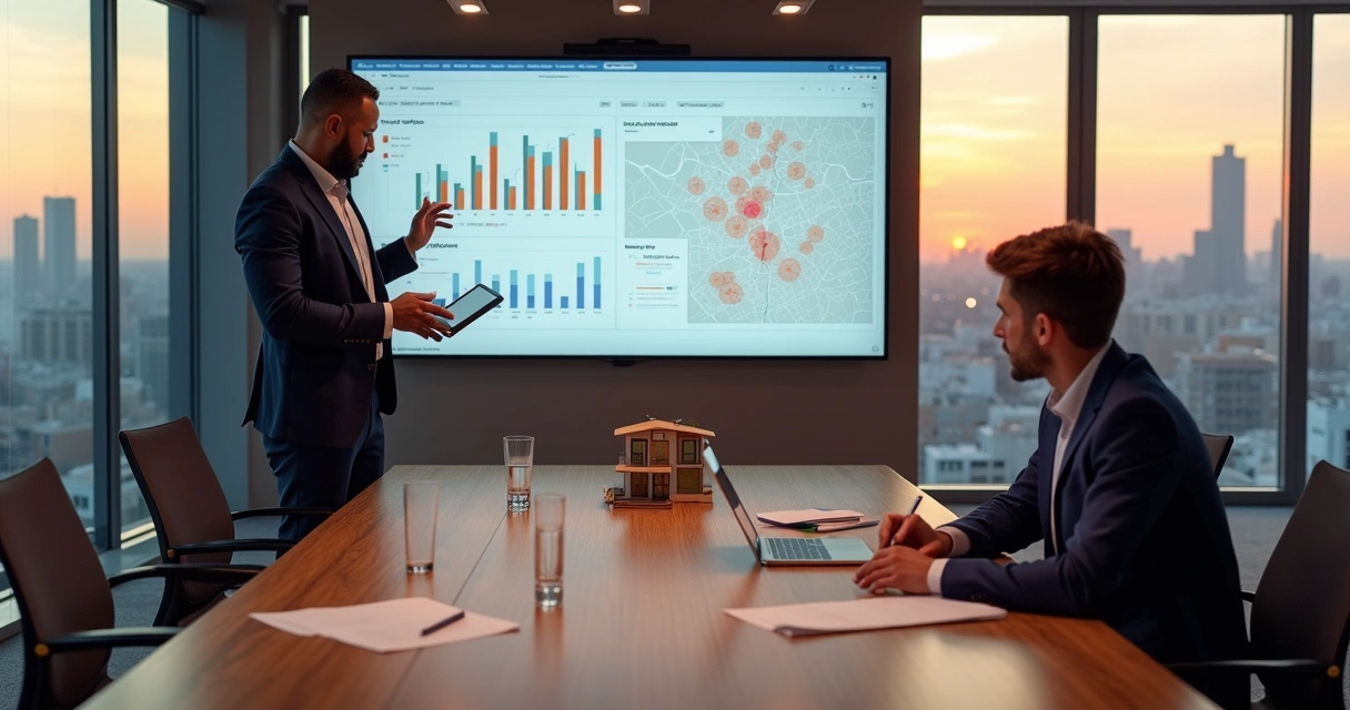 Sala de reunião com monitor exibindo gráficos de imóveis e consultor explicando para cliente 