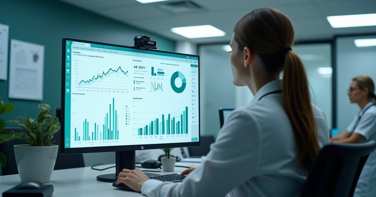 Gestor de clínica analisando gráficos de atendimento em tela de computador 