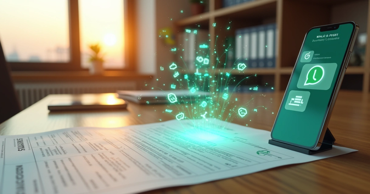 Mesa de trabalho com relatório impresso conectado a tela de celular com conversas de WhatsApp e gráficos digitais de IA 