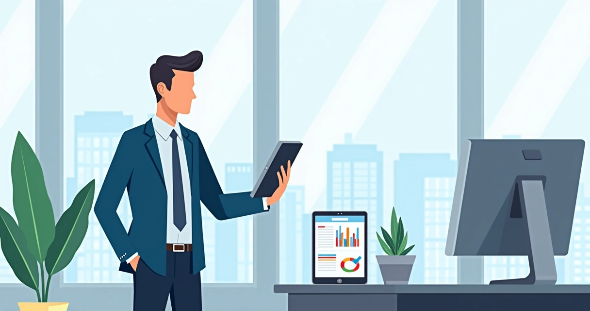 Gestor consultando relatório em tablet e celular