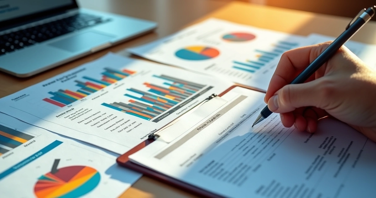 Relatórios com gráficos de análise de risco e limites de crédito em uma mesa de escritório 