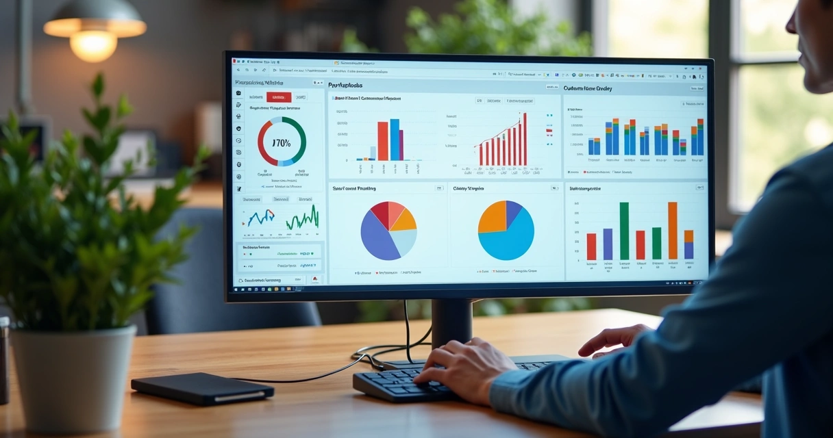 Dashboard colorido mostrando gráficos de atendimento, vendas e satisfação de clientes 