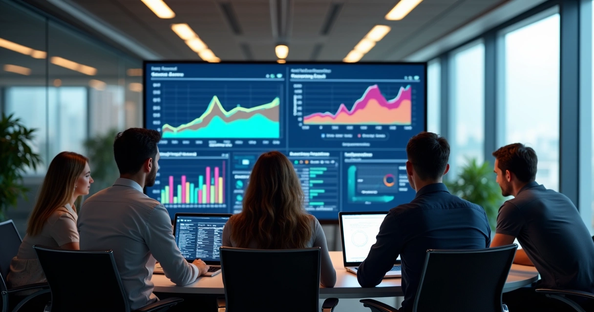 Equipe de TI analisando relatórios de auditoria digital em computadores 