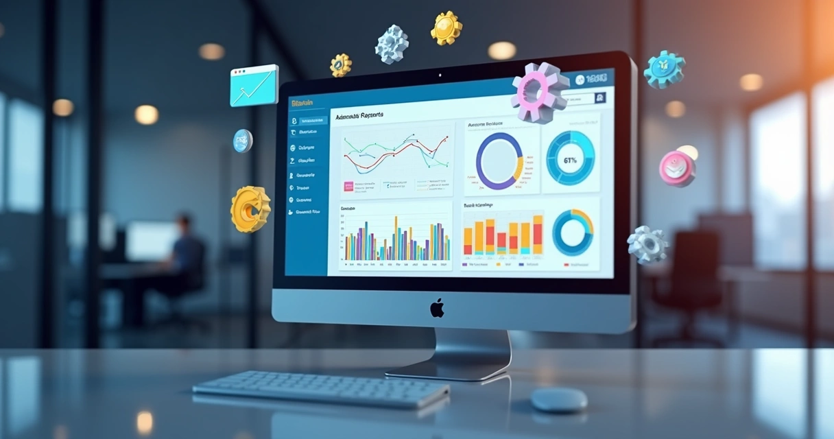 Painel 3D de BI mostrando relatórios automáticos com gráficos e indicadores coloridos 