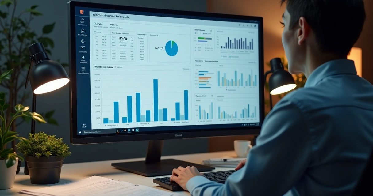 Relatórios eletrônicos de contabilidade sendo conferidos em uma tela 