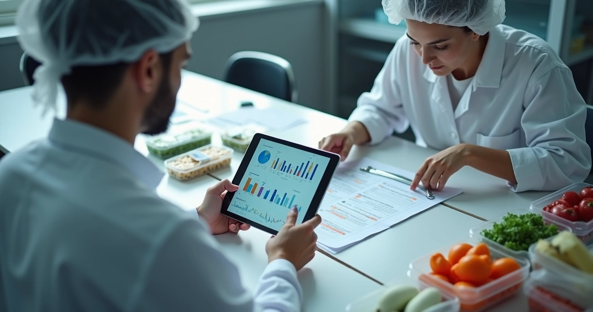 Digital report shown on tablet with colorful graphs and inspector pointing to requirements