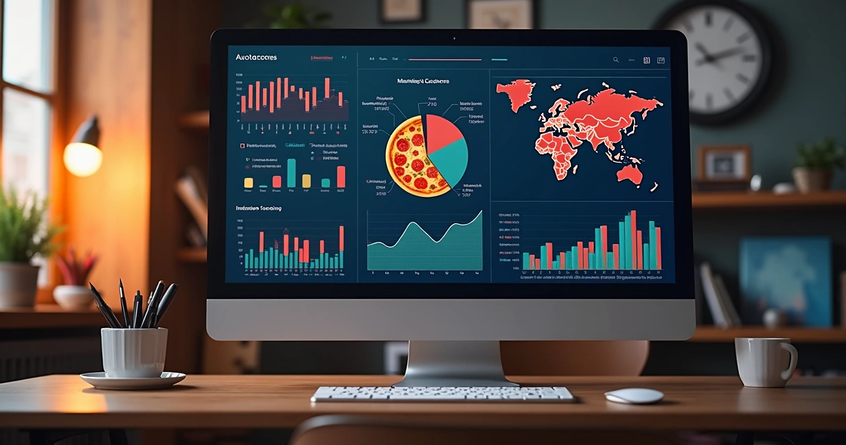 Relatórios coloridos em tela de computador mostrando resultados de automação 
