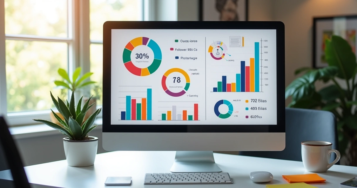 Tela de computador exibindo gráficos de crescimento em redes sociais e métricas em destaque. 