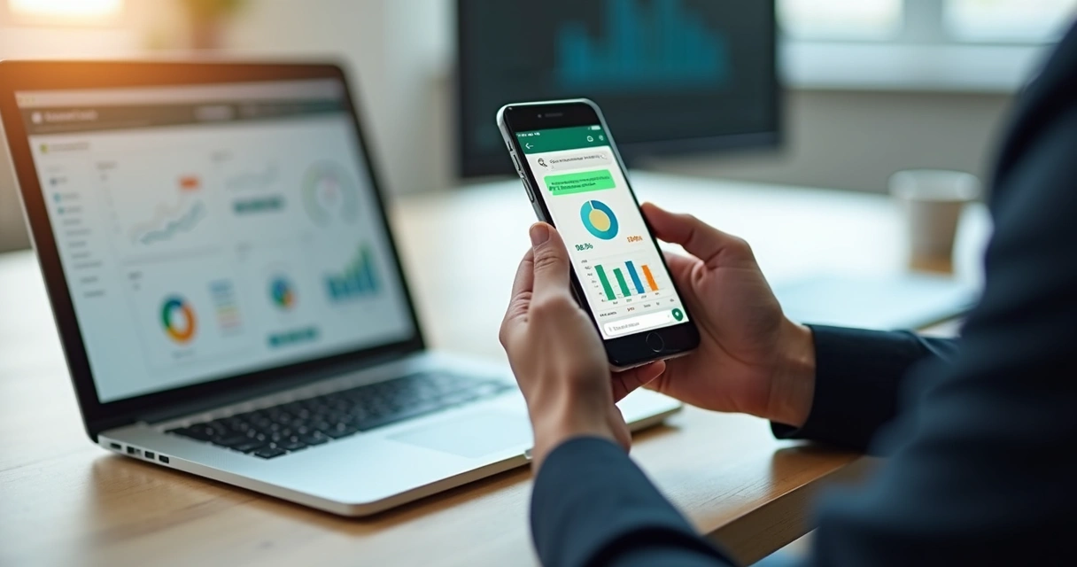 Gestor analisando relatórios de BI personalizados no WhatsApp no celular 