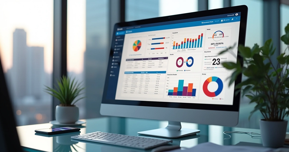 Dashboard de relatórios de campanha eleitoral em monitor de computador