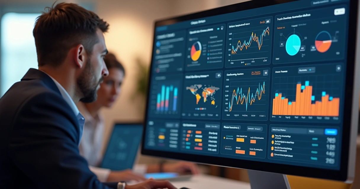 Painel de relatórios de chatbot com gráficos coloridos e métricas de negócios em destaque