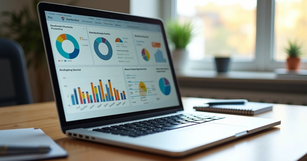 Relatórios coloridos de clínica odontológica exibidos na tela de notebook moderno 