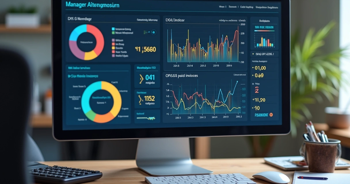Tela de relatório financeiro digital com gráficos e indicadores coloridos 