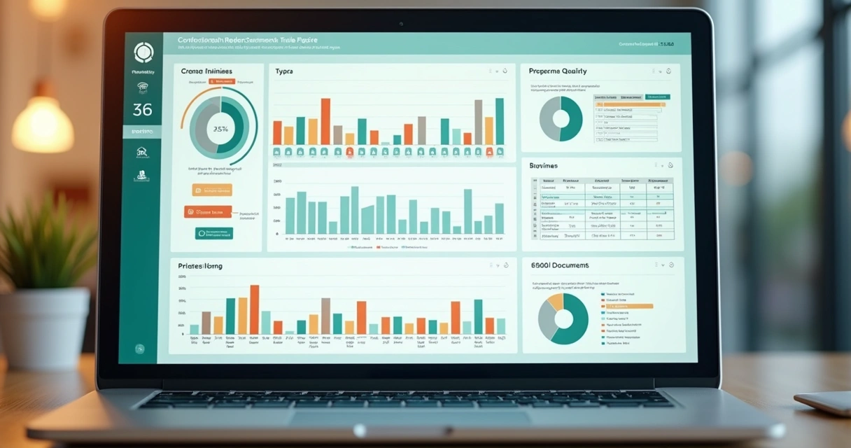 Tela com relatório digital de condomínio, gráficos e documentos organizados 