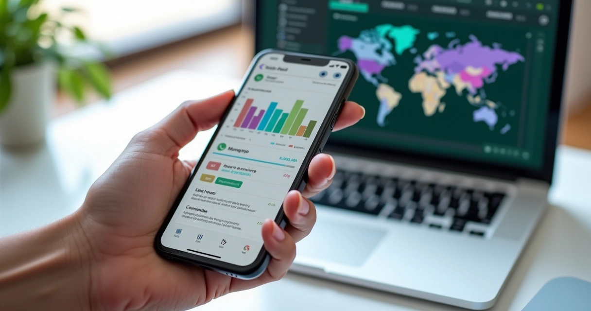 Smartphone exibindo gráficos financeiros e mensagens de WhatsApp com relatórios automatizados do Conta Azul 