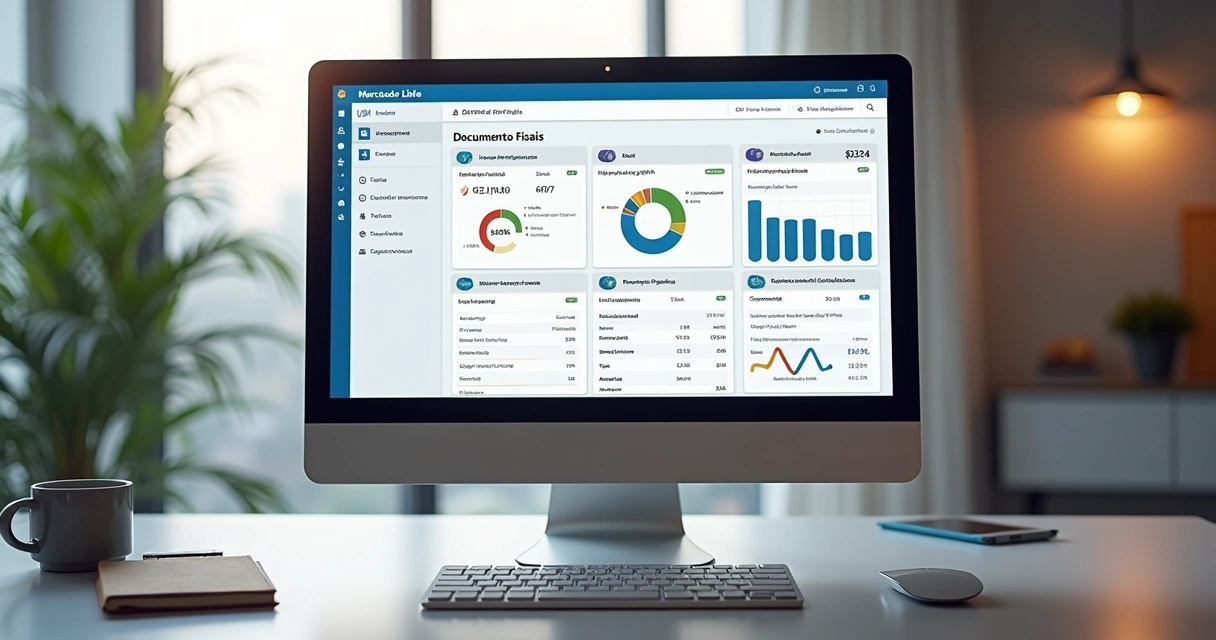 Tela de computador exibindo relatórios contábeis no painel do Mercado Livre, com gráficos financeiros e notas fiscais abertas na tela 