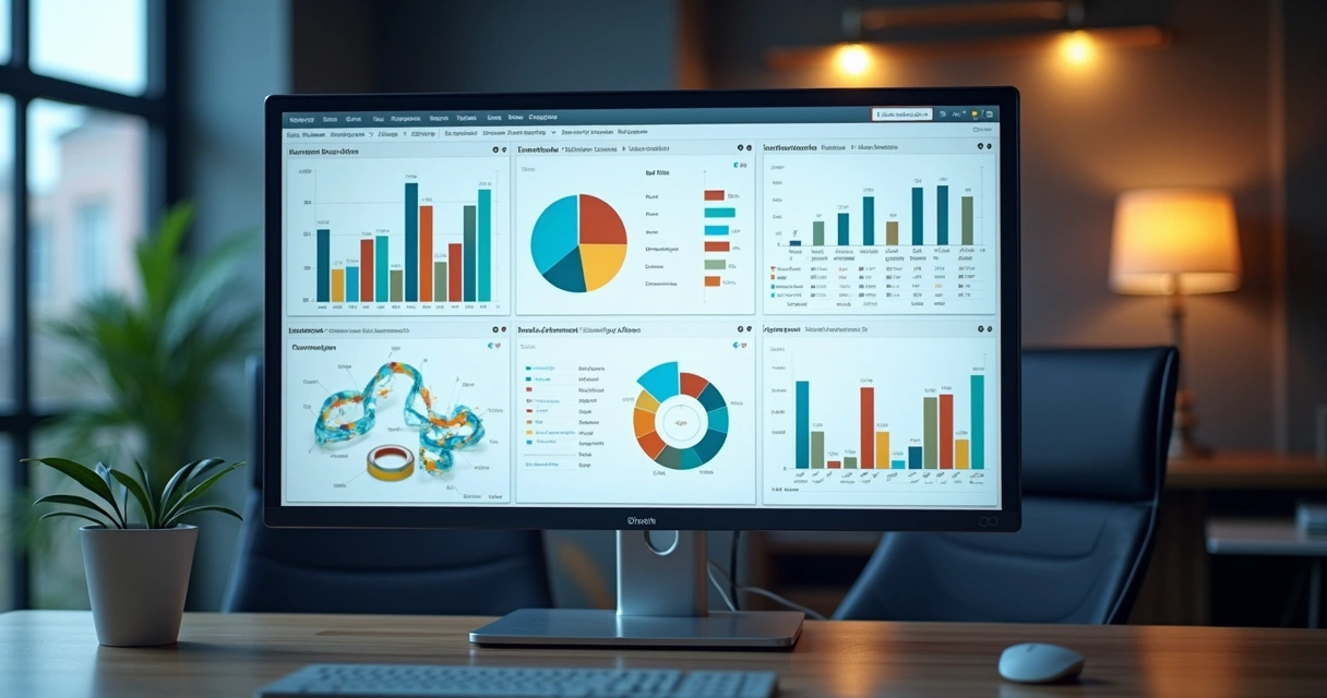 Painel digital com gráficos de contabilidade e relatórios em destaque 